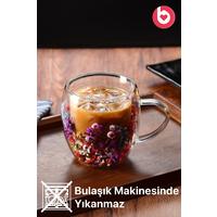Çift Cidarlı 250ml Kulplu Cam Kupa - Çiçekli