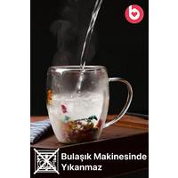 Çift Cidarlı 250ml Kulplu Cam Kupa - Çiçekli