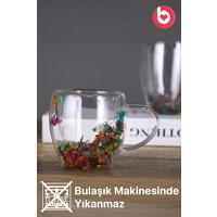 Çift Cidarlı 250ml Kulplu Cam Kupa - Çiçekli