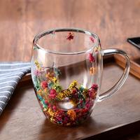 Çift Cidarlı 350ml Kulplu Cam Kupa - Çiçekli