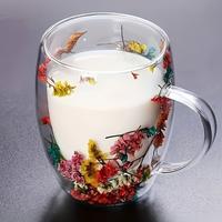 Çift Cidarlı 350ml Kulplu Cam Kupa - Çiçekli