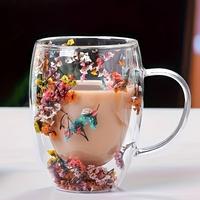 Çift Cidarlı 350ml Kulplu Cam Kupa - Çiçekli